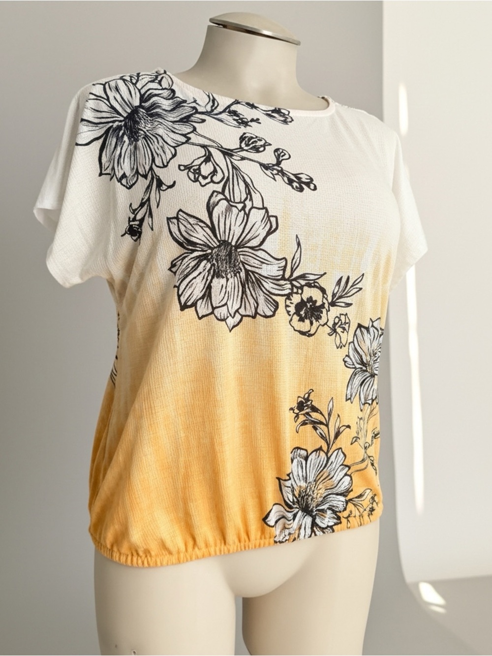 JM Collection White to Yellow Ombre Floral Short Sleeve Blouse